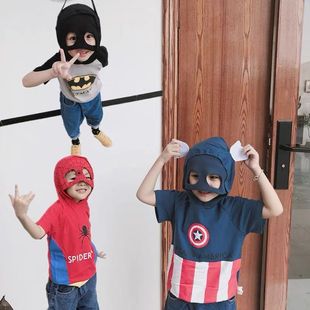 夏季ins英雄造型t恤男女儿童短袖cosplay蝙蝠侠蜘蛛面罩连帽上衣