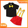 韩版男童套装时尚儿童，撞色绅士套装黑色衬衫，+背带红色裤3件套826