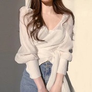 韩版chic春秋优雅气质褶皱，v领交叉绑带设计感小众雪纺衬衫上衣女