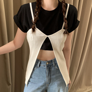 韩系chic夏季气质百搭纯色短款T恤+开叉针织吊带背心套装女