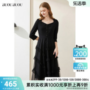 Buou Buou法式宫廷风黑色轻奢蕾丝蛋糕裙高腰修身连衣裙DH3G829