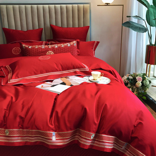 大红60支长绒棉婚庆四件套结婚纯棉，全棉刺绣被套加厚床单床上用品