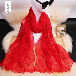 100%桑蚕丝丝巾女春秋季大红色绣花水钻，中国红披肩长款真丝丝巾