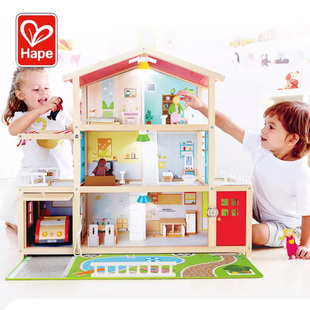 hape豪华别墅仿真房子，娃娃屋宝宝过家家儿童，木质玩具模型拼装小屋