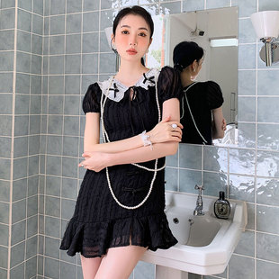 新中式连衣裙女夏高级感肌理法式复古娃娃领包臀开叉长裙