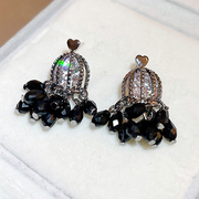 银针爱心鸟笼锆石水晶流苏，耳环欧美时尚创意，设计感法式复古耳饰品