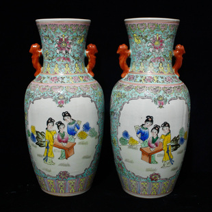 景德镇厂货瓷器八十年代手绘粉彩人物开窗双耳观音瓶花瓶陶瓷摆件