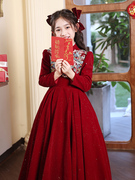 红色礼服女童生日公主裙儿童，中式花童小女孩主持人钢琴演奏演出服