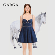 garga复古蓝色牛仔钻饰吊带连衣裙，女轻奢优雅抹胸，收腰显瘦a字短裙