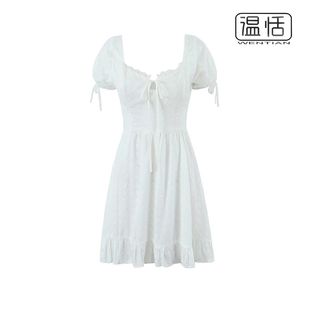 法式重工蕾丝刺绣方领泡泡袖白色连衣裙显瘦荷叶边A字裙