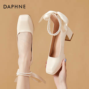 达芙妮法式珍珠高跟鞋，女2022年仙女风玛丽珍鞋，蝴蝶结温柔单鞋