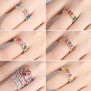 欧美彩色锆石戒指韩版时尚彩虹，色排女戒礼物，小众气质轻奢饰品指环