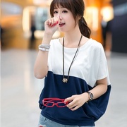 蝙蝠衫体恤夏季跨境韩版女装圆领短袖t恤女学生，打底宽松拼色上衣