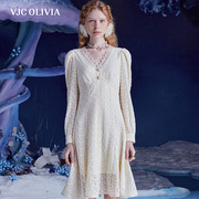 vjcolivia2023秋冬法式蕾丝，连衣裙拼接长袖，高腰长裙女显瘦气质