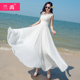 2023白色雪纺连衣裙女夏季气质三亚大摆长裙，海边度假沙滩裙