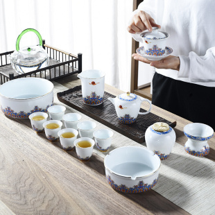 珐琅彩功夫茶具套装家用客厅简约泡茶办公室会客德化白瓷盖碗茶杯