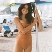 limone2023夏季珠光感，褶饰抹胸连体泳衣女，显瘦气质度假泳装