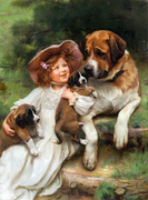 印花dmc纯棉十字绣套件，人物世界名画，油画小女孩与狗狗