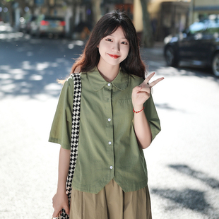 艺野系小个子短款假口袋绿色，短袖衬衫女夏文艺复古日系宽松上衣
