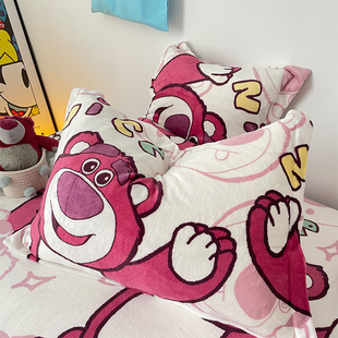 卡通草莓熊牛奶(熊牛奶，)绒枕套一对加厚珊瑚，绒枕头套48x74cm单人枕芯套1只