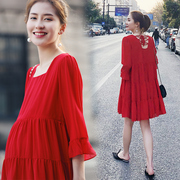 红色孕妇连衣裙夏季方(夏季方)领气质，雪纺裙韩版大码遮肚七分袖哺乳蛋糕裙