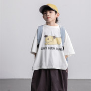韩系儿童奔跑小狗t恤短袖春夏男女童卡通字母休闲五分袖上衣