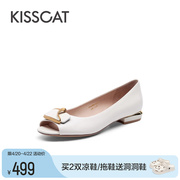 kisscat接吻猫夏季流行真皮，低跟鱼嘴鞋仙女风，通勤时装凉鞋女