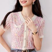 好质量原版夏季针织衫，薄款女小香风短袖粉色，开衫t恤上衣