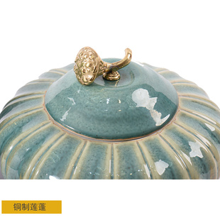 新中式南瓜罐绿色陶瓷摆件，样板房软装客厅玄关桌面莲蓬家居装饰品