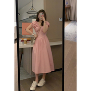 veee甜茶裙粉色显瘦v领泡泡袖设计感褶皱优雅长款法式连衣裙