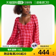香港直邮潮奢asos女士，设计珠皮呢束腰，迷你粉色红色千鸟格连衣裙