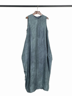 19姆米真丝斜纹绸 做旧脏染处理 茧型宽松无袖长款连衣裙女
