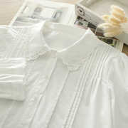日系软妹森女风蕾丝花边，娃娃领法式风琴，压褶纯棉布长袖白衬衫上衣
