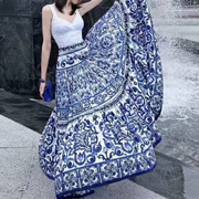 青花瓷蓝色半身裙2024春夏，套装女府绸纯棉，百搭大摆长款半裙