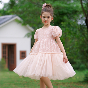 女童连衣裙2024夏季洋气粉色甜美网纱公主儿童宝宝泡泡袖裙子