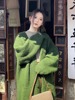 2023秋季绿色针织开衫，毛衣外套女中长款宽松法式复古气质粗针