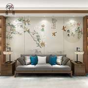 新中式壁布电视背景墙禅意素雅花鸟壁纸卧室客厅，沙发影视墙纸壁画