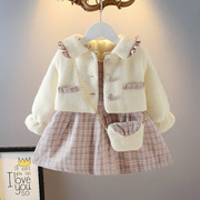 童装女童秋冬格子连衣裙婴儿裙子，宝宝水貂绒，外套背心马甲裙两件套