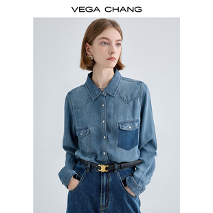vegachang牛仔衬衫女2024年春季法式小众复古水洗长袖牛仔衣