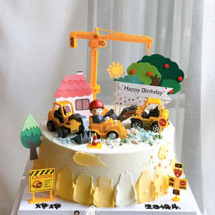 工程车烘焙蛋糕装饰黄色挖掘机推土机主题小男孩玩偶生日蛋糕摆件