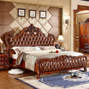 欧式皮床实木床双人床，1.8米太子床主卧o婚床床头柜雕花床卧室