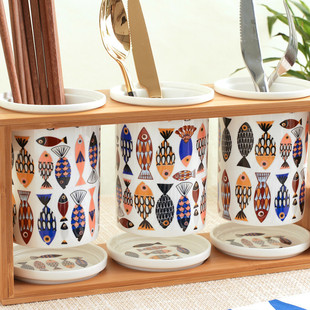 原创多功能日式陶瓷双筒沥水筷子筒筷子架筷子笼叉收纳盒筷子桶