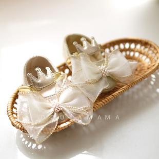春夏女宝宝公主鞋0-1岁防滑软婴儿学步鞋百天周岁金色蝴蝶结蕾丝