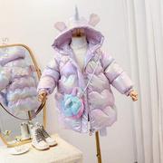 女童冬装中长款羽绒服2021韩版儿童公主海军领牛角扣洋气外套