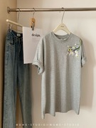 PPSHD美式小菊花刺绣短袖T恤女装夏装灰色慵懒宽松中长款上衣