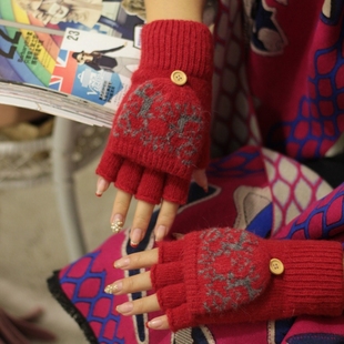 圣诞小鹿红色手套羊毛，手套翻盖半指学生写字手套，女冬保暖手套卡通