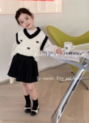 韩版儿童上衣23春季女童洋气黑白撞色镂空针织马甲黑色百褶裙
