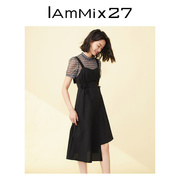 IAmMIX27春夏背带裙两件套女收腰显瘦黑色通勤短袖连衣裙女中长裙