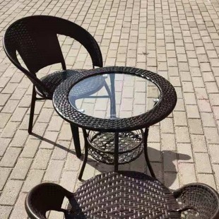 阳台小茶几圆形简易小户型小圆桌，钢化玻璃小圆桌子藤编休闲椅套装