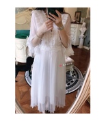 翁先森的店飘逸仙风道骨白色包扣中袖蕾丝百褶顺纡真丝连衣裙